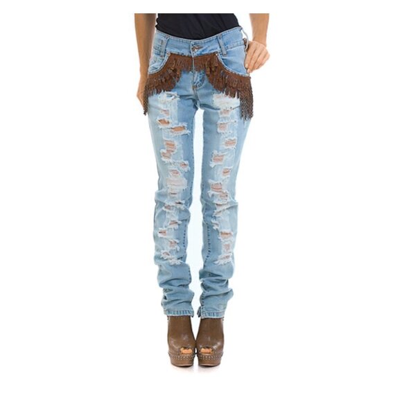 ELEONORA Real Leather Trim Distressed Skinny Jeans - Picture 1 of 9